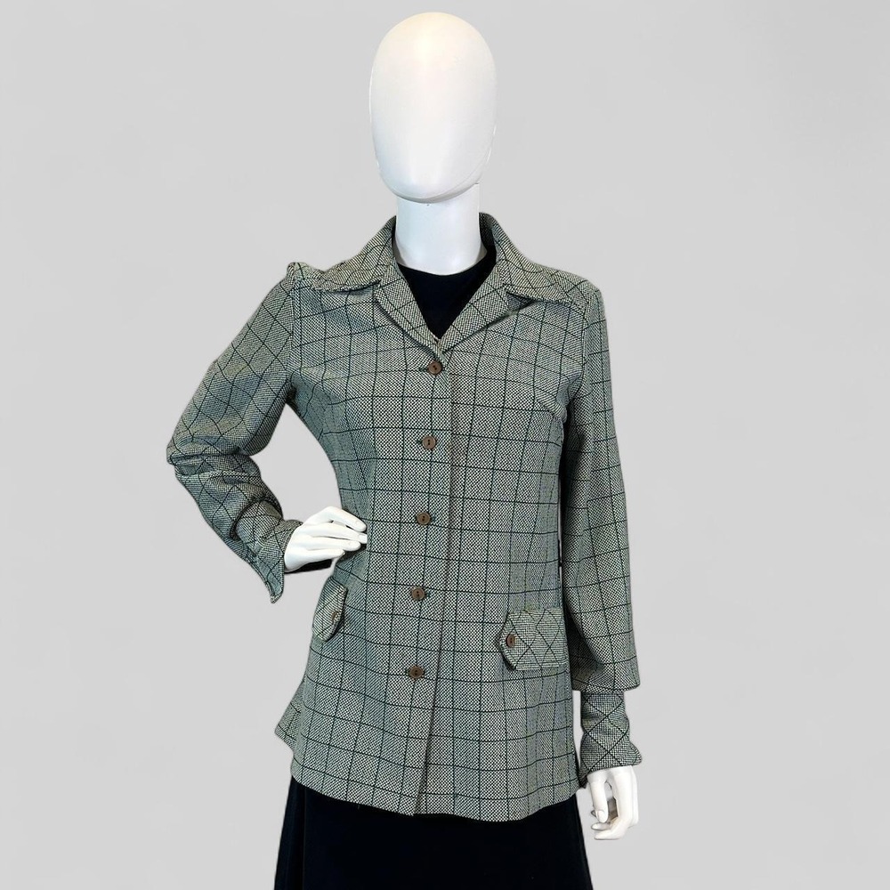 Vintage 1980s Cottagecore Windowpane Jacket Blazer Green Tweed Tailored Utility